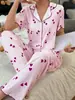 Conjunto de Pijama de Alta Gama para Mujer Europeo y Americano Transfronterizo con Estampado de Corazón, Cuello en V Profundo, Cárdigan de Manga Corta, Pantalones Largos Holgados para el Hogar, Adecuado para Usar como Ropa Exterior