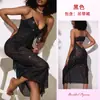Feiyun Vestido de Noche Transparente para Mujer con Pedrería y Malla, Cuello en V, Cordones, Volantes, Abertura Lateral, Tirantes Finos, Largo Maxi 1279