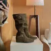 Botas de Moda Estilo Coreano con Hebilla, Apiladas, de Media Pantorrilla para Mujer, Botas Vaqueras Occidentales Plisadas hasta la Rodilla para Primavera y Otoño