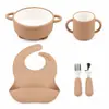 Set de Alimentación para Bebés con Babero Anticaídas y Antiescaldaduras, Tenedor, Cuchara, Vaso, Plato Infantil, Set de Alimentación Integrado de Cerámica y Silicona