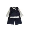 Conjunto de tres piezas de mezclilla estilo coreano para bebés, niños y niñas, incluye chaleco, camiseta básica de rayas y pantalones de pierna ancha, ropa de otoño moderna para bebés niños y niñas