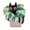 Gato Preto de Desenho Animado, Flores, Coleção de Plantas em Vasos Verdes, Bolsas Fofas e Versáteis, Acessórios de Roupa, Broches