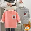 Nova Camiseta Base de Veludo Grossa Outono e Inverno para Crianças, Camiseta Térmica Meia-Gola, Moletom para Meninos e Meninas, Top Listrado