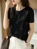 Camiseta de algodão mercerizado com strass cor sólida estilo western feminina base afinadora para o dia a dia primavera e verão nova gola redonda fio de algodão manga curta