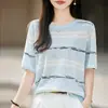 Nova blusa de malha listrada com gola redonda, manga curta, cor gradiente, de linho de bambu, para primavera e verão, roupas femininas