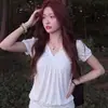 Camiseta de Manga Corta con Hombros Descubiertos, Cuello en V, Fruncido, Estampado de Lunares y Patchwork, Estilo Coreano, 260g, Personalizable, para Mujer