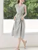 Nuevo Vestido de Lino de Verano para Mujer, Ligero y Transpirable, con Cinturón de Lazo, Adelgazante, Elegante Cuello en V, Vestido Largo de Vacaciones Estilo Francés