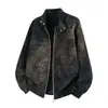 Nova jaqueta de couro PU tie-dye estilo retrô americano outono/inverno para homens, gola alta moderna, jaqueta de couro da moda estilo motociclista