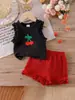 Chaleco sin mangas de encaje bordado con cerezas para bebé niña de comercio exterior + pantalones cortos rojos conjunto lindo y dulce de dos piezas fábrica de origen