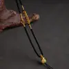 Corda Preta Ouro Rosa Flor de Pêssego Corda de Pescoço Fina Macia Ouro Jade Pei Cristal Pingente Esmeralda Corda Ajustável Tecida à Mão