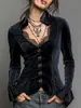 Bestseller transfronterizo europeo y americano estilo gótico top de terciopelo para mujer, cuello en V de encaje ajuste ceñido manga acampanada camisa vintage de manga larga