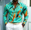 Nueva camisa de manga larga para hombre con base azul y estampado de salpicaduras naranja-amarillas, diseño audaz y llamativo, versátil para ir al trabajo