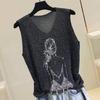 2023 Chal de Seda Brillante sin Mangas para Mujer, Ropa Exterior Nueva de Primavera y Verano, Cuello en V, Holgado, Industria Pesada, Diamante Caliente, Tirantes, Top de Punto