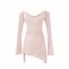 Camiseta Sexy Estilo Puro Deseo Ligeramente Transparente de un Solo Hombro y Manga Larga para Mujer Principios de Otoño Blanca Cintura Adelgazante Longitud Midi