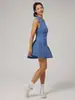 Nuevo vestido de medio cierre con cuello en V para mujer, adecuado para correr al aire libre, anti-exposición, fitness, deportes, falda plisada, tank top, falda de tenis
