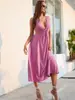 Marca Independiente Verano 2025 Nuevo Vestido Sexy de Cuello Halter Estilo Europeo y Americano con Cintura Descubierta, Atado, Color Sólido, Falda Amplia, Vestido de Dama de Honor