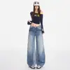 Jeans de Pierna Ancha con Diseño de Bloques de Color Patchwork Naranja Infantil para Mujer, Holgados, Adelgazantes, Ocultan Imperfecciones, Modernos, Versátiles, de Longitud al Suelo