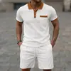 Nuevo Conjunto de Verano Transfronterizo de Amazon para Hombre con Cuello Waffle, Bloques de Color, Manga Corta y Bolsillo Frontal con Botones