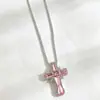 Colar com Pingente Cruzado Gelo Triturado Rosa Francês Fada Gentil Corrente de Suéter Doce Menina de Alto Valor
