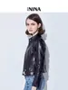 Jaqueta de Couro Haining com Gola Alta de Pele de Ovelha para Mulheres, Curta Slim Fit Simples de Botão Único Jaqueta Biker, Casaco de Couro Genuíno Feminino