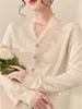 Zhengqite Ropa/ Cárdigan de Punto con Escote en V y Encaje Hueco para Mujer, Capa de Invierno con Parches de Encaje de Alta Gama en Mangas Largas
