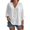 2025 Sudeste Asiático y Europa y América Talla Grande Color Sólido Algodón y Lino Primavera y Verano Cuello en V Botones Camiseta Nuevo Cardigan Casual Top para Mujeres