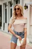 Suéter de Tricô Feminino 2026 Primavera/Verão Amazon Novo Cruzado Ombro a Ombro Cor Sólida Estilo Europeu e Americano Pulôver Slim Fit Manga Curta