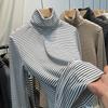 Camiseta de Manga Larga Cálida de Otoño e Invierno con Cuello Apilado Estiloso y Único de Terciopelo Alemán a Rayas de Doble Cara, Top Moderno y Versátil