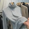 Camiseta de manga larga cálida para otoño e invierno, elegante y única, con cuello alto apilado, de terciopelo a rayas de doble cara, top moderno y versátil