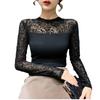 Primavera e Outono Tricotado Nova Camiseta Feminina Sexy Renda Camisa Manga Longa Malha Top Interno Tamanho Único Gola Média Alta Camiseta Básica