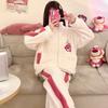 Otoño e invierno Nuevo pijama de terciopelo rosa para mujer, lindo de dibujos animados, con cremallera, cuello alto, terciopelo coral, cálido para estar en casa, se puede usar afuera