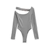 Body Sexy de una Sola Manga Larga de Estilo Americano Picante para Mujer, Nuevo para Primavera y Otoño, Elástico Ajustado de Color Sólido, Camiseta Base