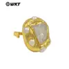 Anillo Abierto Grande de Cobre Chapado en Oro de 18 Quilates con Incrustaciones de Perla de Cuarzo Crudo Translúcido Natural Mpr135 Joyería para Hombres y Mujeres