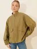 Chaqueta retro popular transfronteriza europea y americana con cuello alto para mujer con bolsillos grandes, hombros caídos, dobladillo con cordón, chaqueta casual