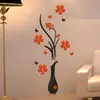 Jarrón ciruela cristal acrílico 3D pegatinas de pared para sala de estar, entrada, dormitorio, TV, fondo de pared, accesorios para el hogar, pegatinas de pared