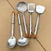 Conjunto de Utensílios de Cozinha com Espátula e Colher de Aço Inoxidável 201 para Uso Transfronteiriço, com Cabo de Madeira, Espátula, Escumadeira, Utensílios de Cozinha de Cinco Peças