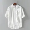 Camisa de lino con cuello de cinco puntos para hombre, camisa informal holgada de lino y algodón de moda, talla grande, verano 2024