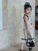 Traje de baño de tirantes con letra para niña 2025 Verano Nuevo Clásico Infantil Contraste Blanco y Negro Rayas Conjunto de Dos Piezas de Tirantes