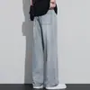 Calça jeans masculina solta de perna reta com cintura elástica e cordão, perna larga, desgastada, lavada, estilo fino para primavera e verão