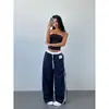 Atacado de calças casuais femininas estampadas da moda estilo americano, de cintura alta, para primavera e outono, com color blocking esportivo e design de perna reta