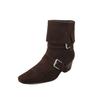 Botas Slouch com Gola Reversível Estilo Design Francês, Camurça de Vaca, Salto Médio Grosso 2025, Fivela de Cinto, Bico Quadrado Pequeno, Botas Curtas de Couro Genuíno para Mulheres