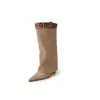 Botas Femininas Pontudas da Moda, Novas Botas de Montaria Afuniladas com Estampa de Leopardo, Botas Longas Femininas Petite com Salto Alto, Cor Damasco, Cano Largo, Estilo Descontraído