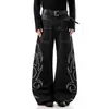Jeans Retro Americano de Nicho con Bordado de Tótem de Cimitarra Estilo Callejero Bolsillo Inverso Vintage Pantalones Rectos Holgados de Pierna Ancha