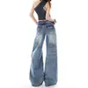 Jeans retro americanos de tiro bajo y pierna ancha para mujer, nuevo estilo de verano, con bordado, lavado desgastado, pierna recta, pantalones de largo hasta el suelo