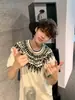 Camiseta de Manga Corta Tejida con Correa Estilo Étnico Retro Americano High Street Verano Ropa de Pareja para Hombre Top Holgado de Media Manga