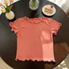 Estilo Coreano Camiseta Base Feminina Canelada Elástica de Manga Curta Verão Doce Estilo Gola de Renda Fofa Top Princesa Camiseta