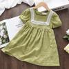 Nova roupa infantil transfronteiriça vestido de manga bufante gola quadrada verão fresco renda costurada saia roupa de menina 2-7 anos
