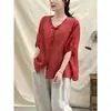 Wzxsk Promoção Especial Camisa Vintage de Botão de Algodão e Linho com Decote V para Mulheres, Pulôver Casual Solto de Manga Curta para o Verão