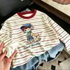 Camiseta de manga larga a rayas de retazos de algodón puro para niños, nuevo estilo primavera y otoño, camiseta básica elegante y holgada para niños