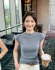Loja Principal Shanghai Dan Nong/Blusa de Tricô Feminina Manga Curta Slim Fit Gola Redonda, Nova Peça de Verão Cor Sólida para o Trabalho